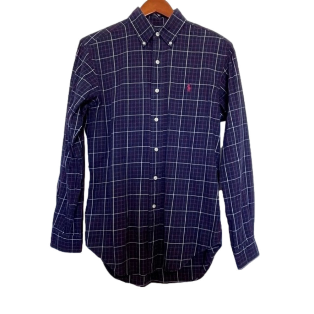 POLO Ralph Lauren Flannel Button Down Shirt Navy Blue Red White Plaid Small